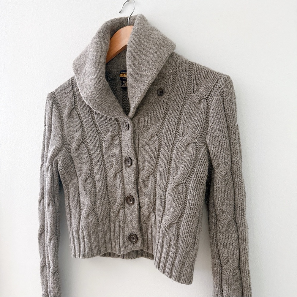 Ralph Lauren Rugby Cropped Cardigan Cashmere Lambswool Blend Preppy Cable Medium - Picture 13 of 13